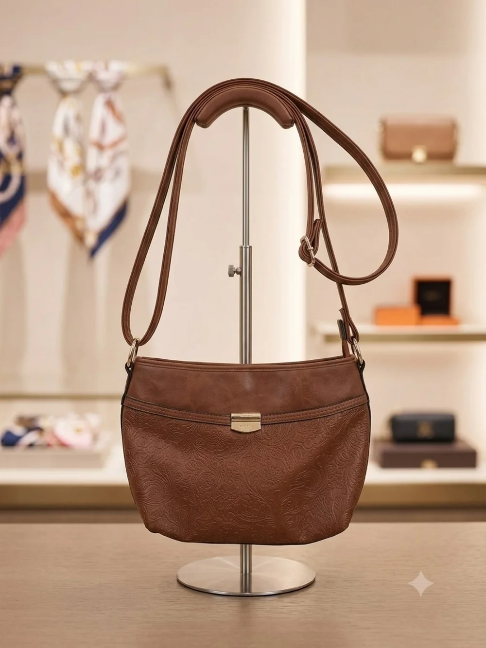 Rosetti Brown Embossed Leather Shoulder Bag with Gold-Tone Hardware
